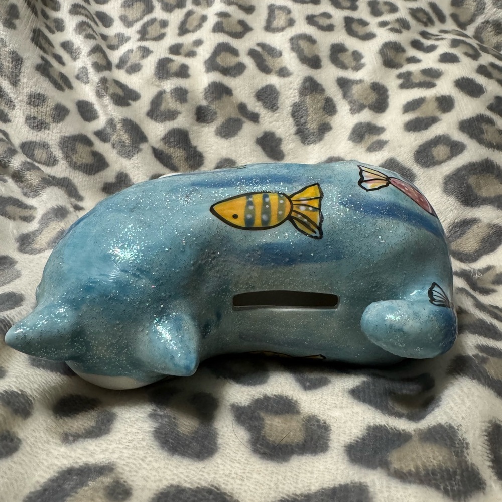Blue Cat Figurine with Colorful Fish piggy bank missing plug - Picture 6 of 8